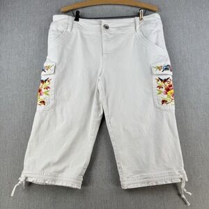 2 Friends Womens Cargo Shorts 12 White Embroidered Floral Birds Boho